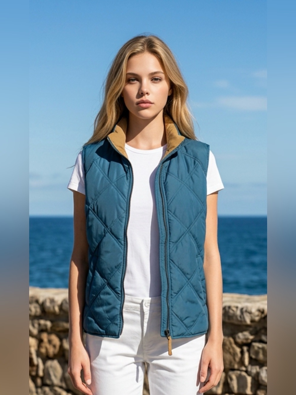 Eddie Bauer Teal Quilted Vest with Tan Collar R1
